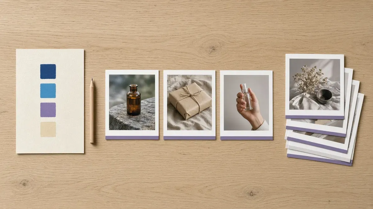 Overhead view of an oak table set out in three stations: a cream sheet with navy, cyan-blue, violet, and cream paint swatches beside a pencil, three photo prints in one matching frame showing a perfume bottle, a twine-tied parcel, and a hand with an atomizer, and a fanned stack of more prints in the same frame