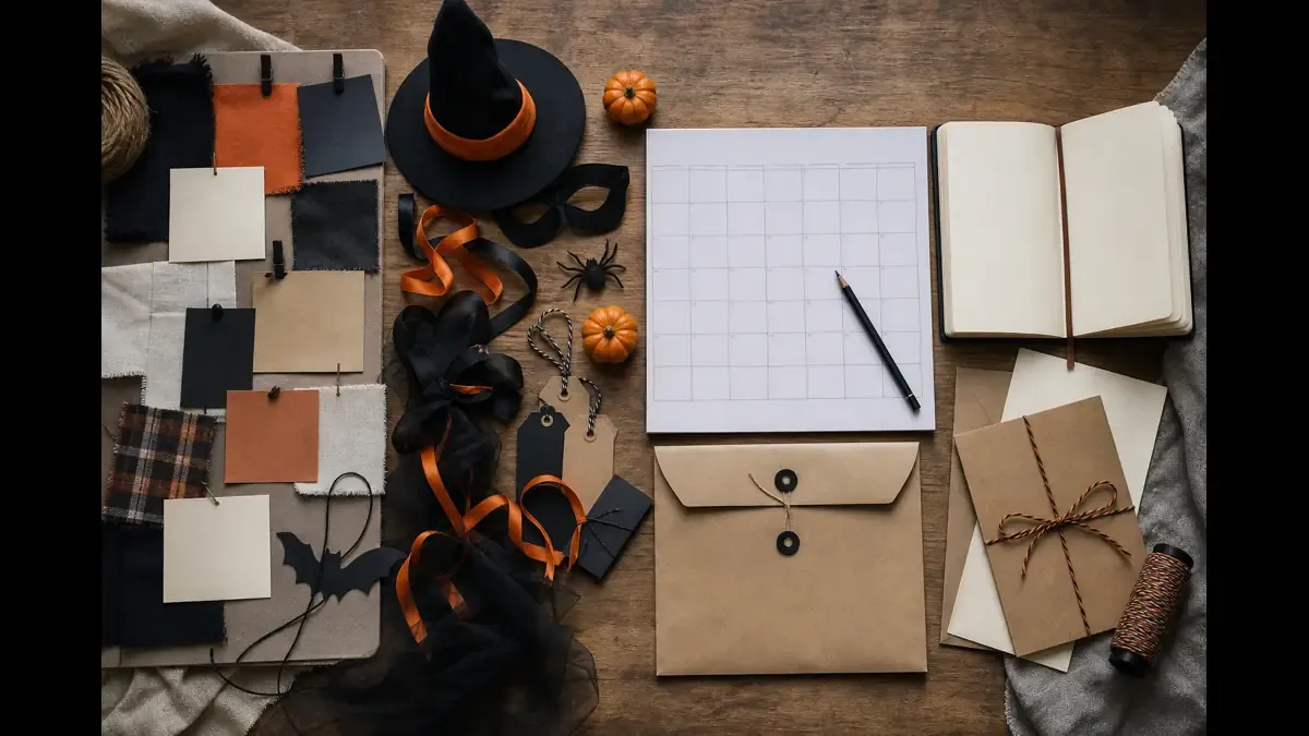 Overhead merchant desk staged in four Halloween campaign zones with moodboard swatches, product props, blank calendar page, and thank-you cards