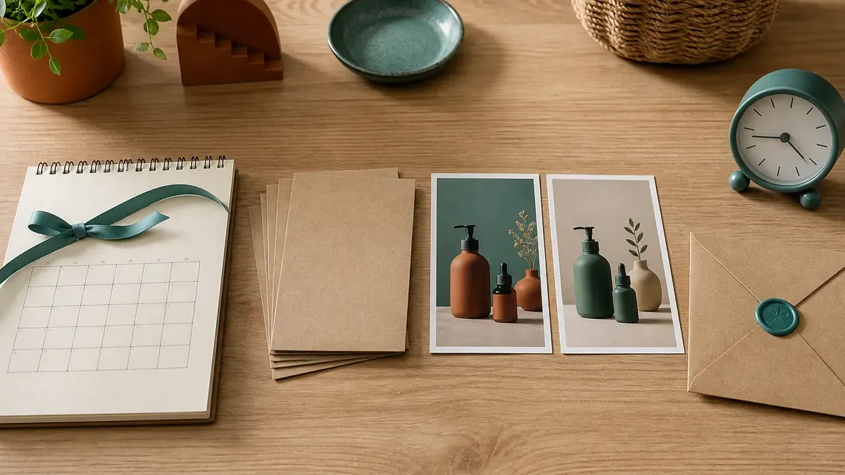 Four stations on a packing table for Hint-Invite-Test-Open: calendar notes, blank VIP cards, side-by-side product prints, and a sealed envelope with a desk clock