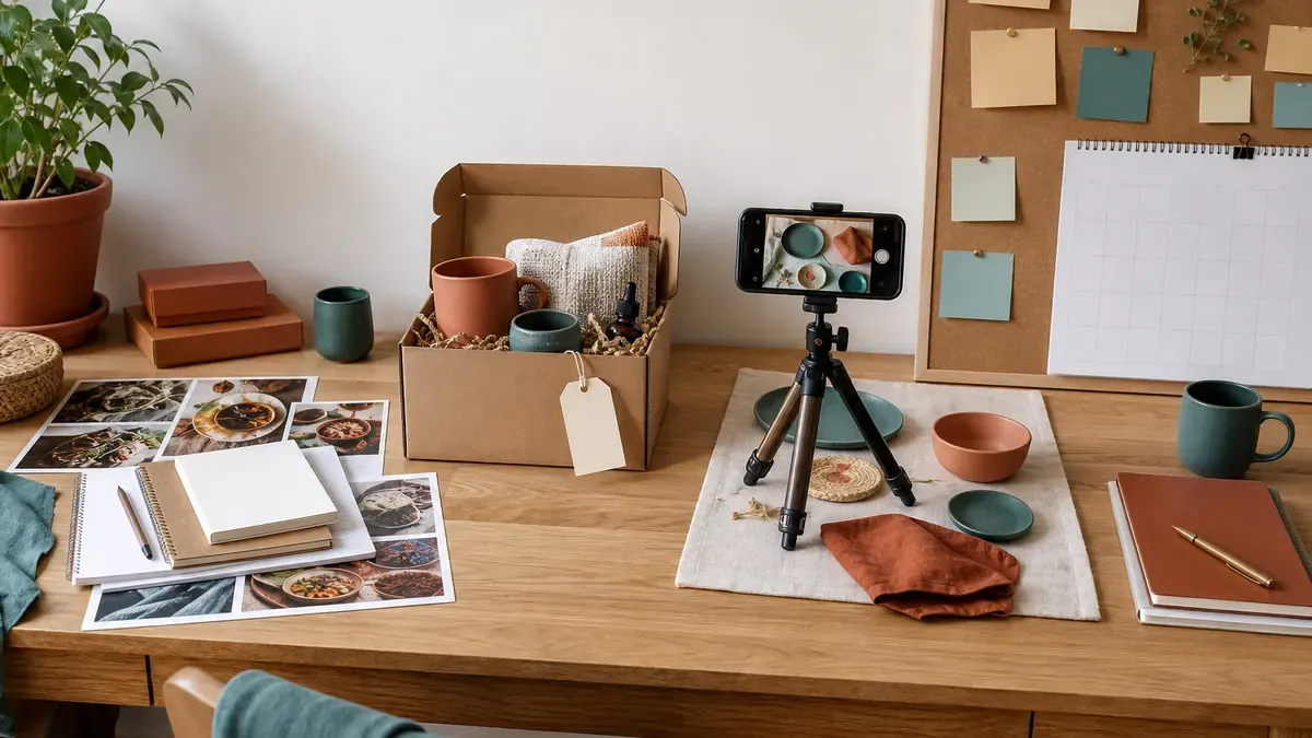 Four merchant desk stations showing research notes, sample gifting, product filming, and a pinboard calendar for Honor-Host-Highlight-Hold
