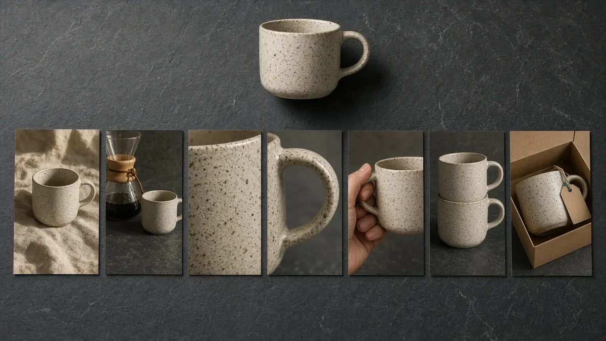 Overhead view of a dark slate table with seven tall photo prints of a speckled cream ceramic mug laid in a row from a wide shot on linen, to the mug beside a pour-over coffee maker, to close-ups of the glaze and handle, a hand holding the mug, two mugs stacked, and the mug boxed with a plain kraft tag, with the real mug sitting above the row