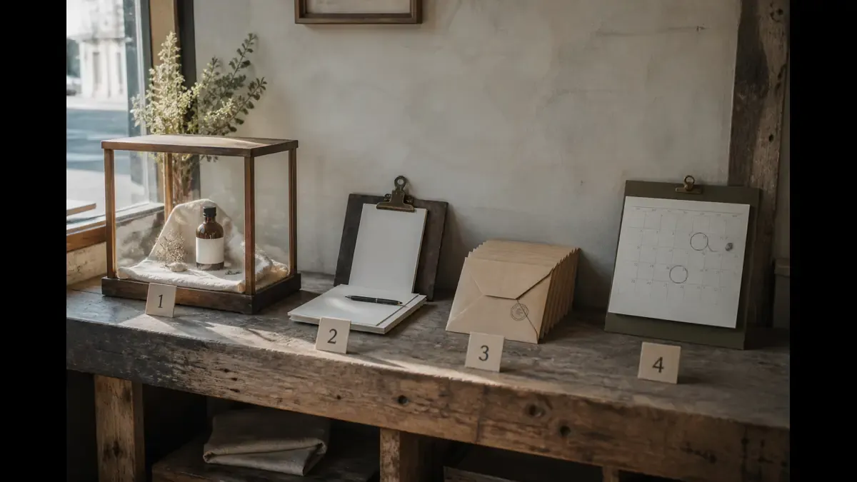 Four workbench stations showing a product display, signup clipboard, stamped envelopes, and a circled calendar as a social-to-email process