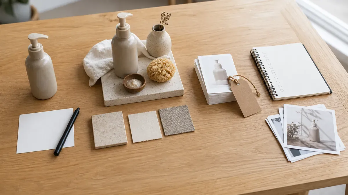 Four stations on a light oak table with a cue card, product demo props, tagged photo cards, and a notebook for Hook-Show-Tag-Loop