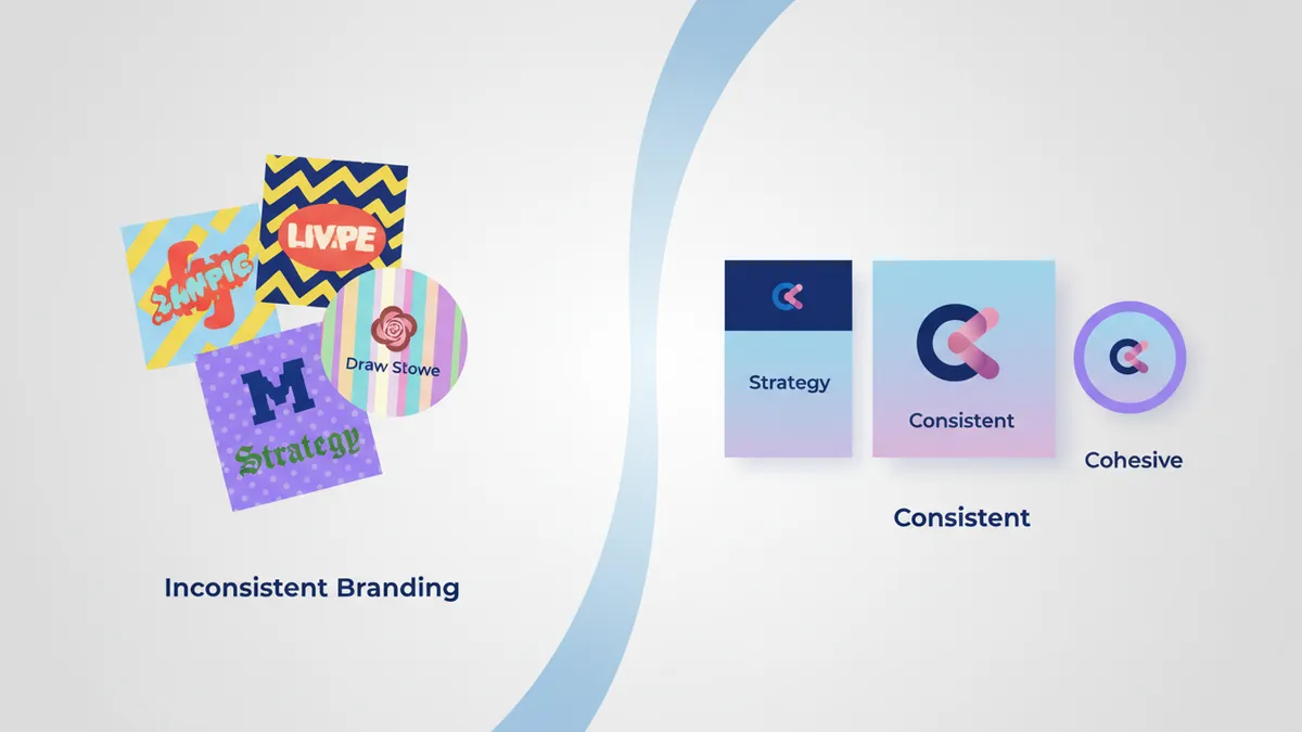 Visual comparison of inconsistent vs consistent brand design in social media posts.