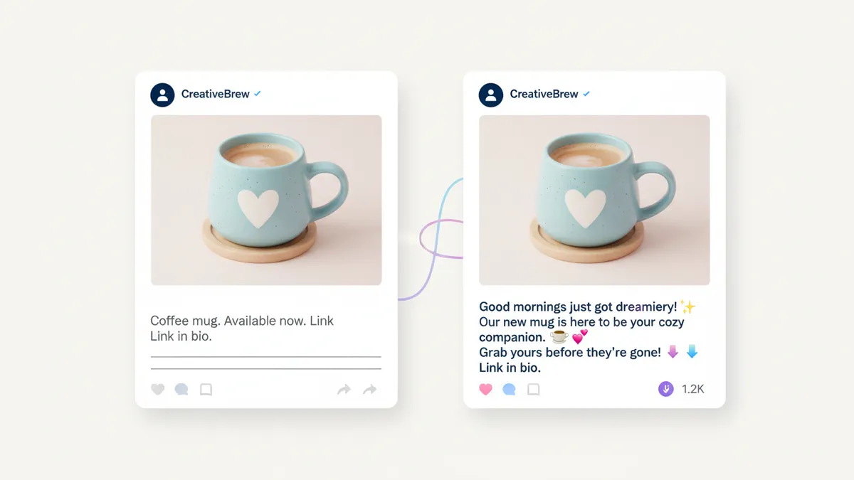 Illustration comparing a generic Instagram caption to a branded one.