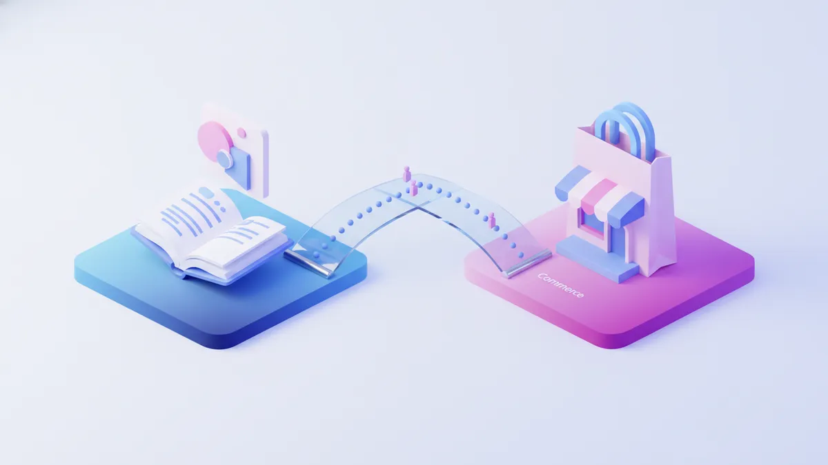 Isometric illustration of a bridge connecting blog content to a product store.