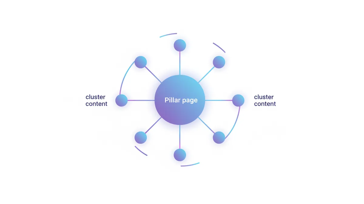 A diagram illustrating an internal linking strategy with a central pillar page connected to related blog posts and product pages.