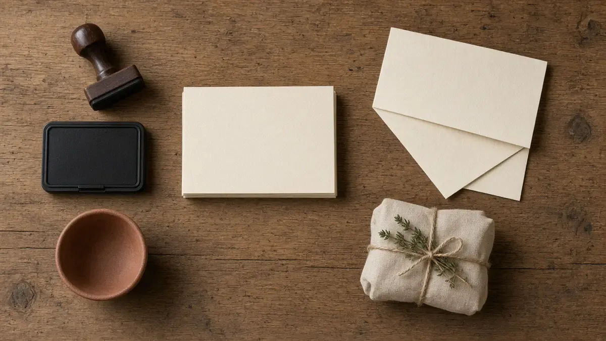 Four stationery clusters on a wooden table: rubber stamp and ink pad, blank cream cards, blank envelopes, and a small linen-wrapped parcel with thyme