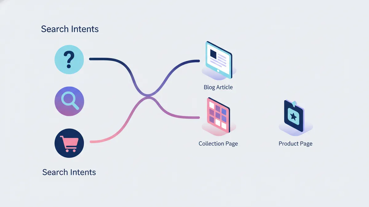 A flowchart mapping different types of keyword search intent to the appropriate Shopify page types.