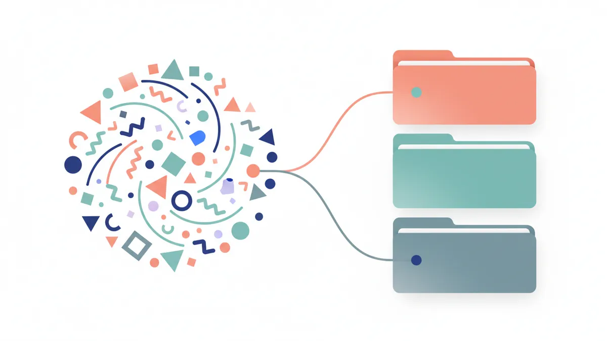 Illustration showing disorganized elements being sorted into specific categories, representing keyword mapping.