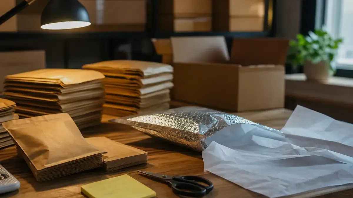 Ecommerce packing table with kraft pouches, open mailer, tissue paper, scissors, and cartons ready for late-summer order fulfillment