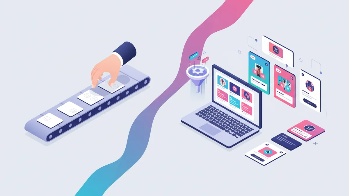 Comparison of Later scheduling vs IDEQO content creation, showing manual vs automated workflows.