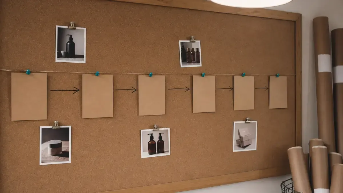 Corkboard timeline with blank kraft cards and product reference photos planning a launch-day social sequence