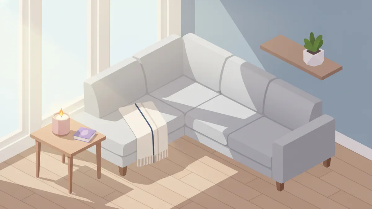 Isometric graphic of a cozy living room showcasing a candle in a lifestyle setting.