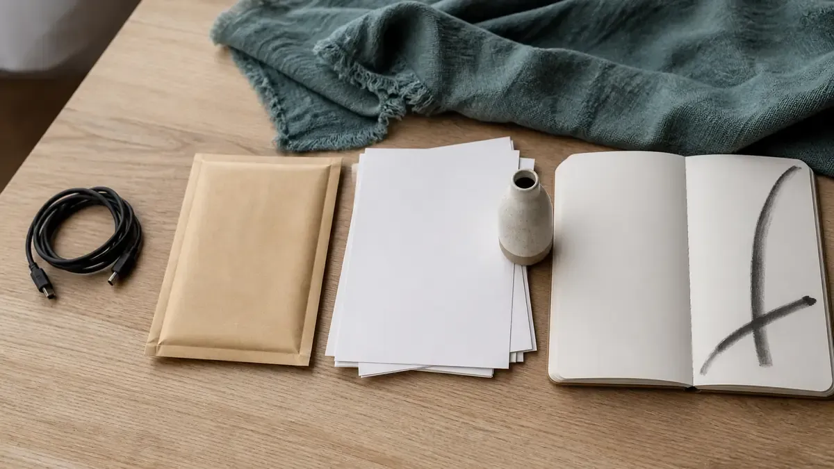 Four workbench props for Link-Limit-Launch-Learn: cable coil, kraft budget envelope, product photo prints, and a blank learning notebook