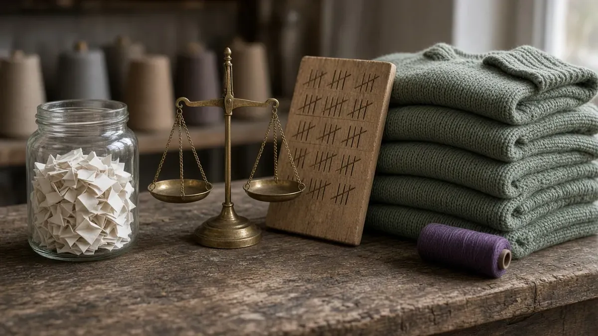 Close view of a worn wooden workbench in a textile studio: a glass jar filled with small folded paper slips on the left, a small brass balance scale with level empty pans in the middle, a wooden tally board with rows of carved notches leaning against a tall stack of folded sage-green knitted sweaters on the right, a spool of purple thread at the front edge, and cones of yarn blurred behind