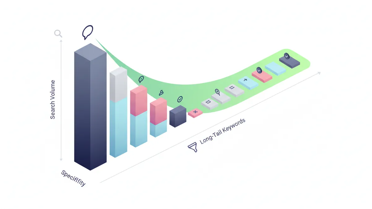 A graph showing the long tail of search demand, highlighting high conversion potential in low-volume keywords.