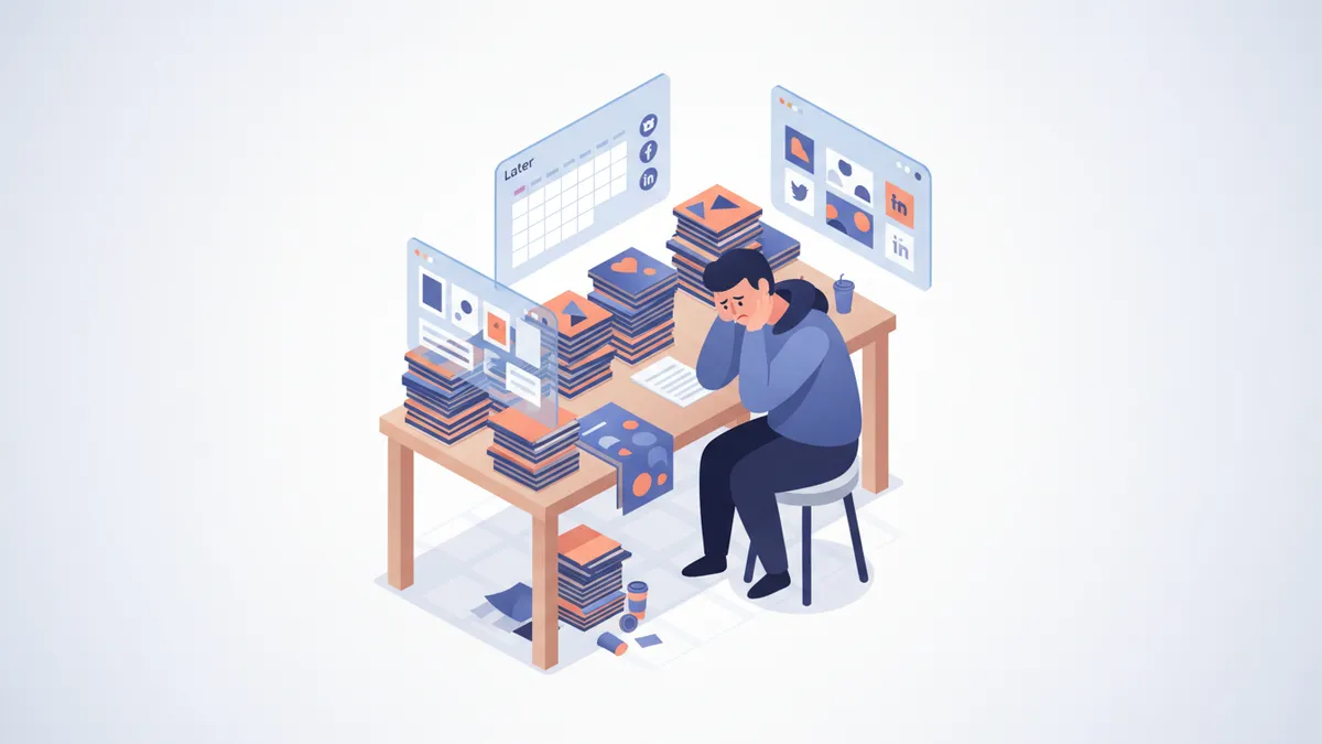 Illustration of a person overwhelmed by manually creating social media posts for many products.