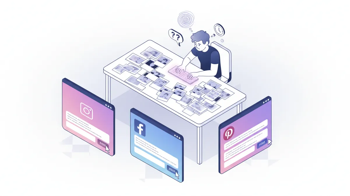 Illustration of a person overwhelmed by manually creating social media posts for multiple products.