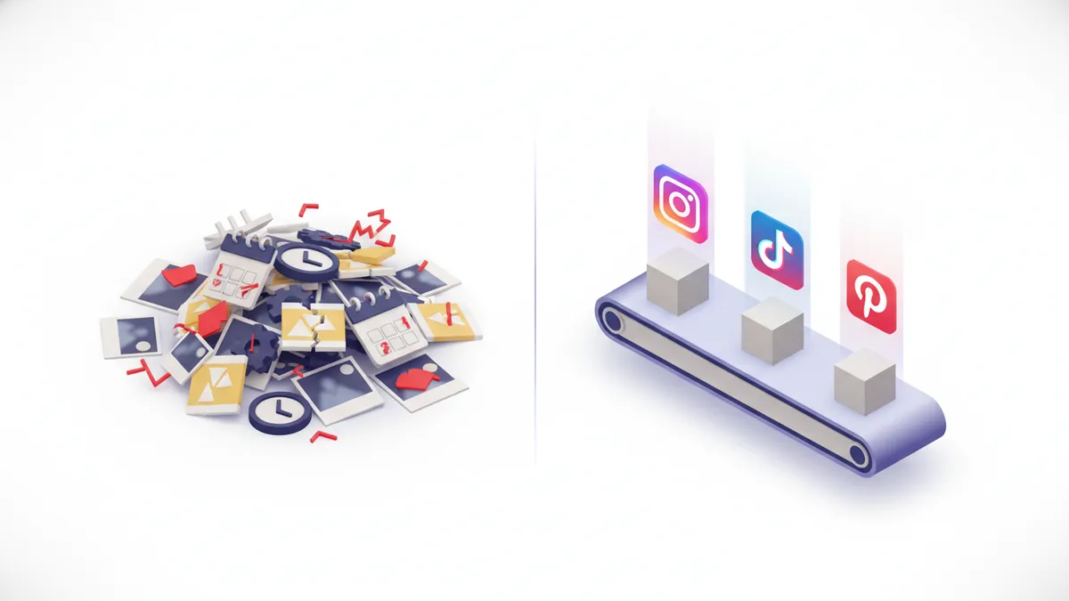 Comparison illustration showing chaotic manual social media planning versus a streamlined automated workflow.