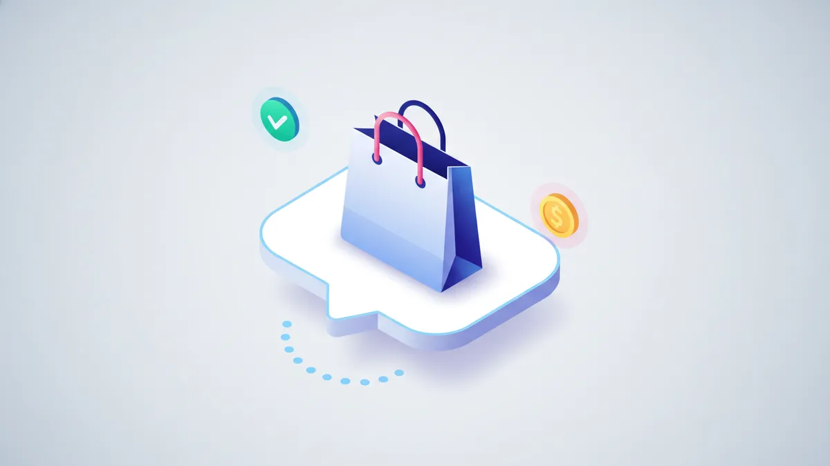 Illustration of a chat bubble transforming into a shopping bag, representing sales through Messenger.