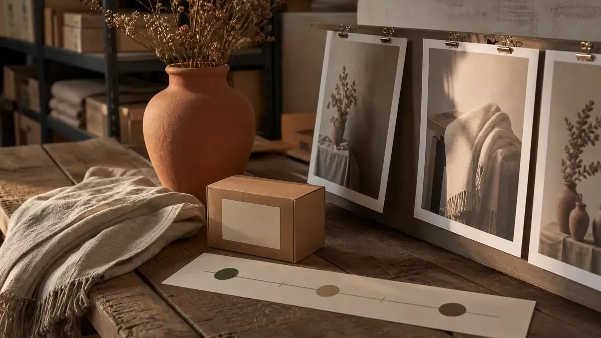 Seasonal product styling props and blank photo proofs beside a paper timeline for approaching, peak, and cool-down pin timing