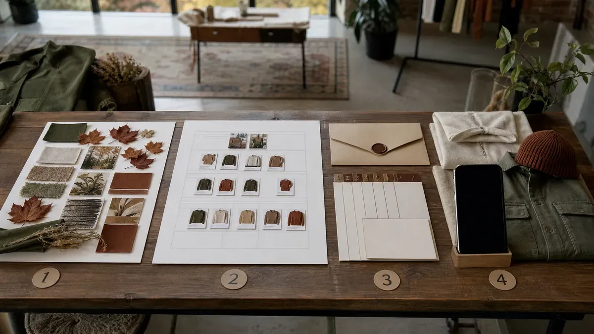 Four worktable stations with a mood board, product map cards, VIP early-access envelopes, and a launch flat-lay for Mood-Map-Merch-Moment