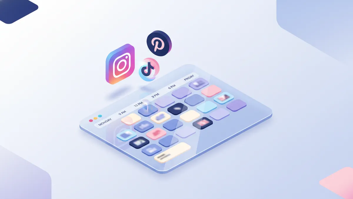 Isometric illustration of a digital content calendar populated with scheduled posts for various social media platforms.