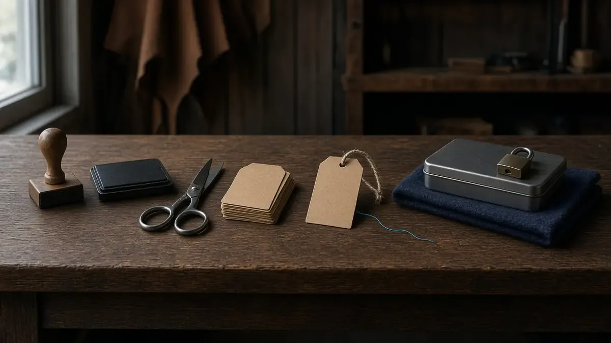 Four still-life clusters on a walnut workbench: a rubber stamp and ink pad, scissors with blank tags, one tagged ticket on twine, and a locked tin box