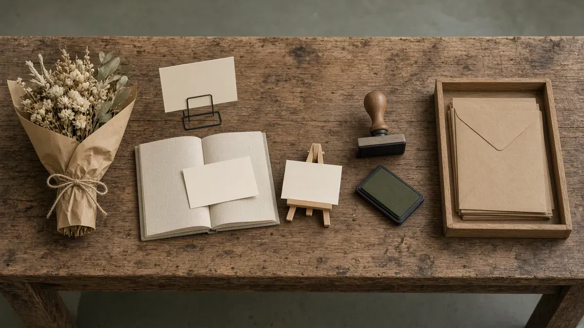 Four still-life clusters on a wooden potting bench: a kraft-wrapped dried bouquet, blank cards on a stand lookbook and easel, a rubber stamp with ink pad, and a tray of blank envelopes