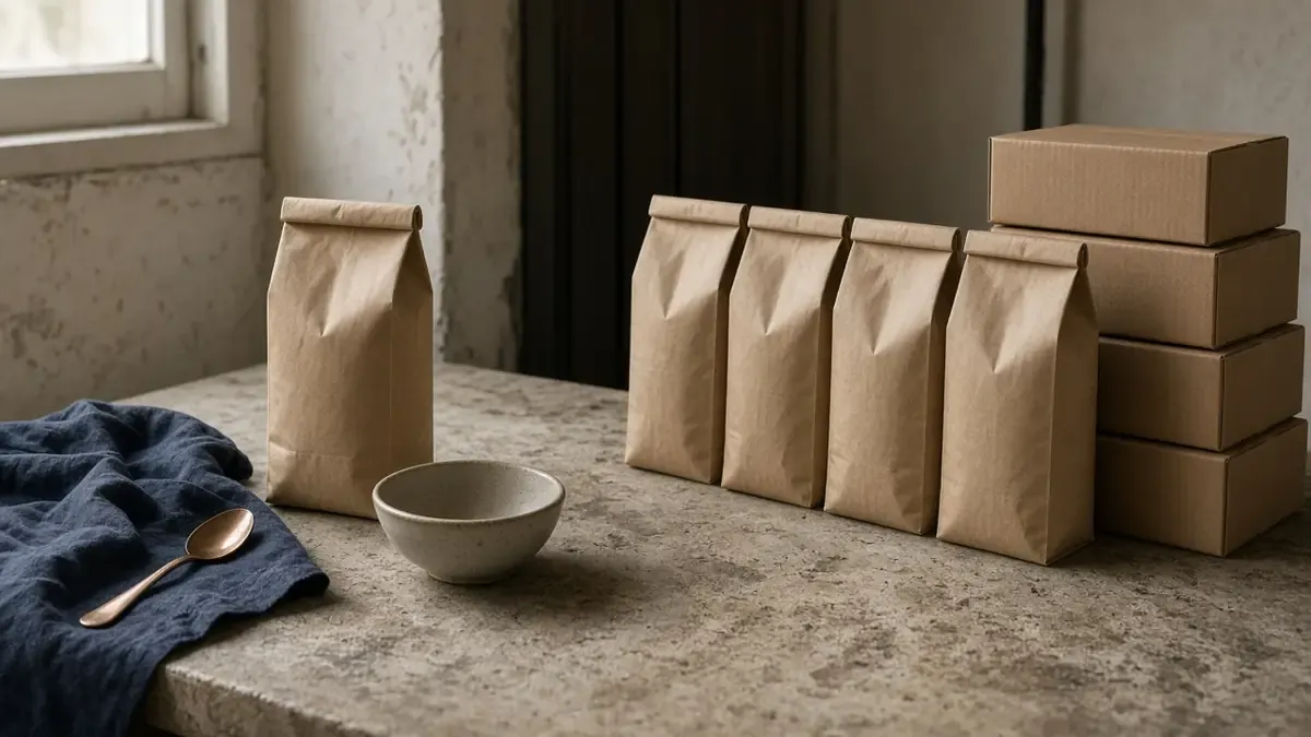Kitchen counter comparing one kraft bag and a bowl on the left with a repeating row of bags and stacked shipping boxes on the right