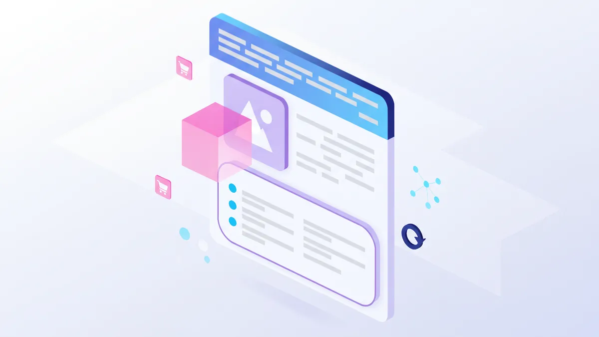 An isometric wireframe illustration showing the layout of an optimized Shopify product page with title, image, and description elements.