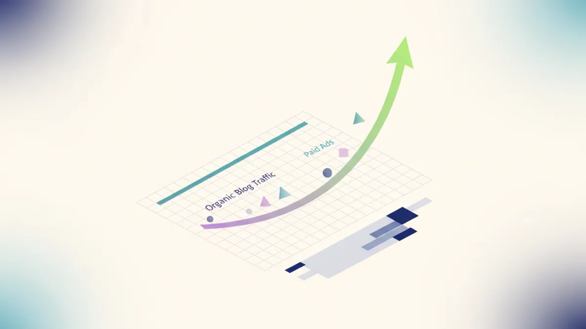Graph comparing the exponential growth of organic blog traffic versus the flat results of paid advertising.