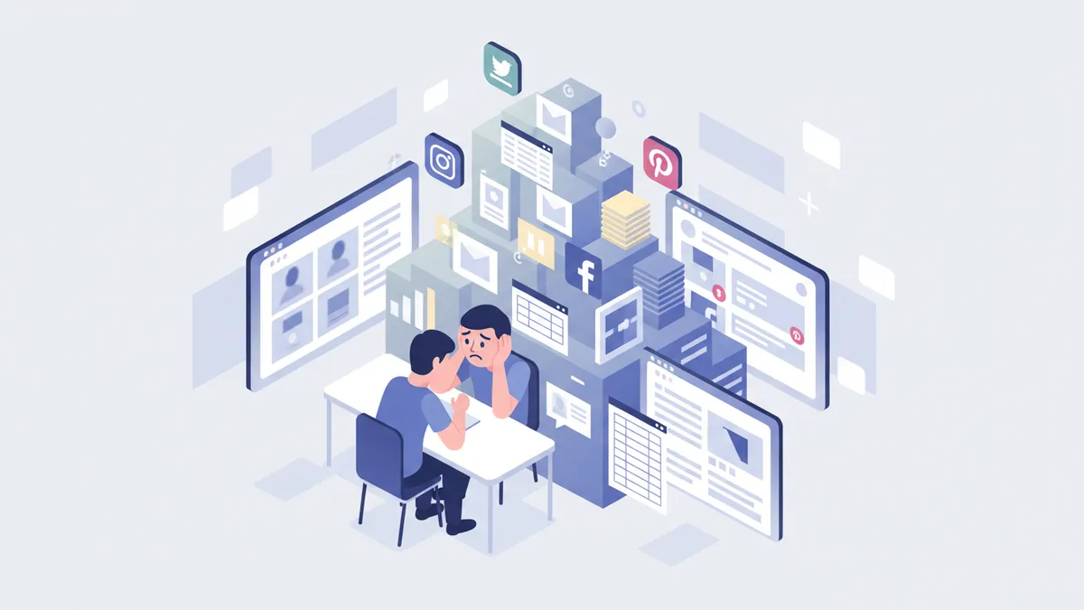 Person overwhelmed by the task of manually creating social media posts for many products.