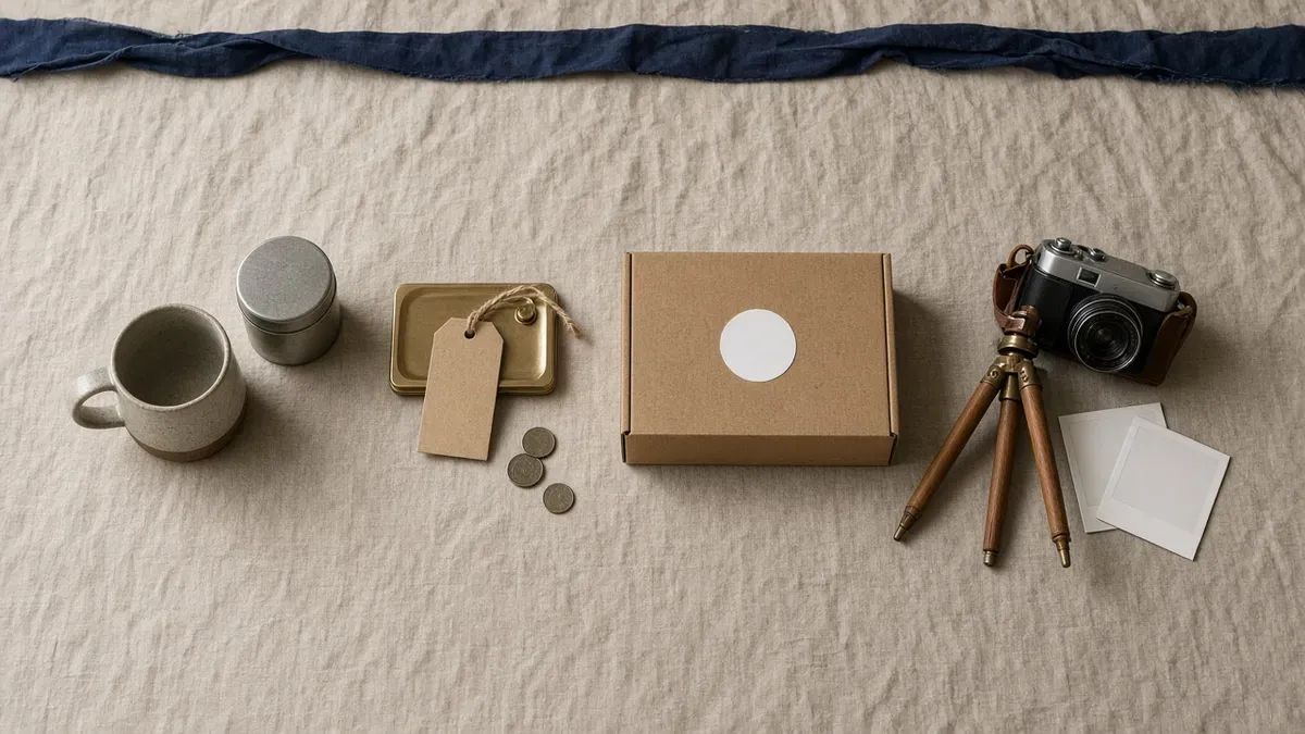 Overhead view of a linen table with four groups left to right: a mug paired with a tea tin, a blank kraft tag on a small brass scale with coins, a sealed kraft box with a plain sticker, and a small tripod with a film camera and two blank instant prints