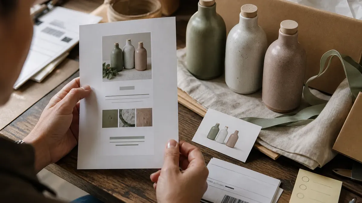 Hands comparing a printed product path mockup to ceramic bottles packed for shipping beside priority sticky notes