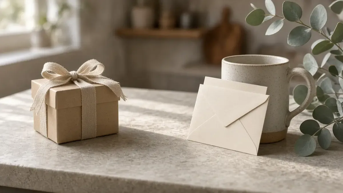 Kraft gift box with linen ribbon beside a blank envelope leaning on a ceramic mug, showing a shippable gift versus an instant card