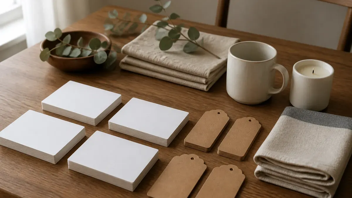 Blank index cards, kraft tags, and product samples arranged on a wood table for gift-guide planning
