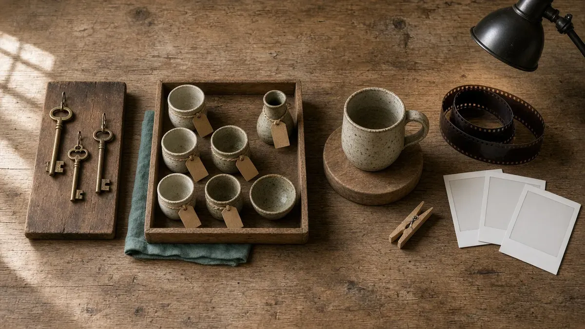 Overhead view of a wooden table with four groups left to right: three brass keys on a hook board, a tray of small pottery pieces with blank kraft tags, a speckled mug on a round wooden pedestal under a clip lamp with a clothespin beside it, and a coiled strip of film with three blank instant prints