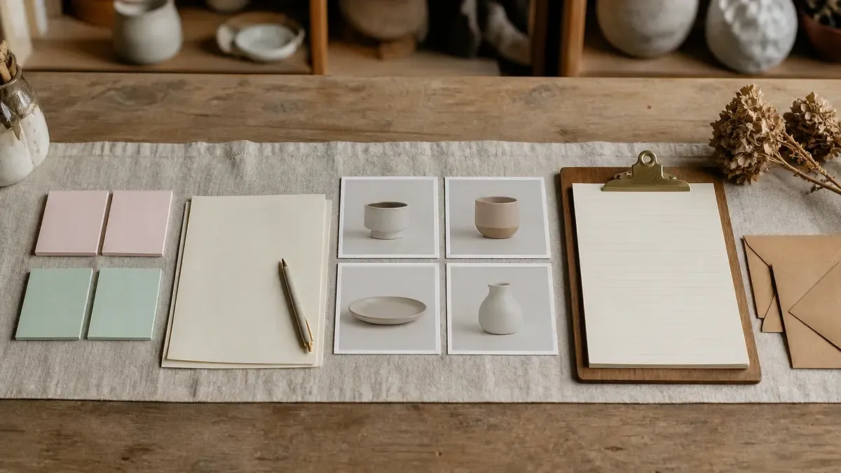 Four planning zones on a merchant table with sticky notes, blank rule sheets, product photo prints, and a clipboard for follow-up