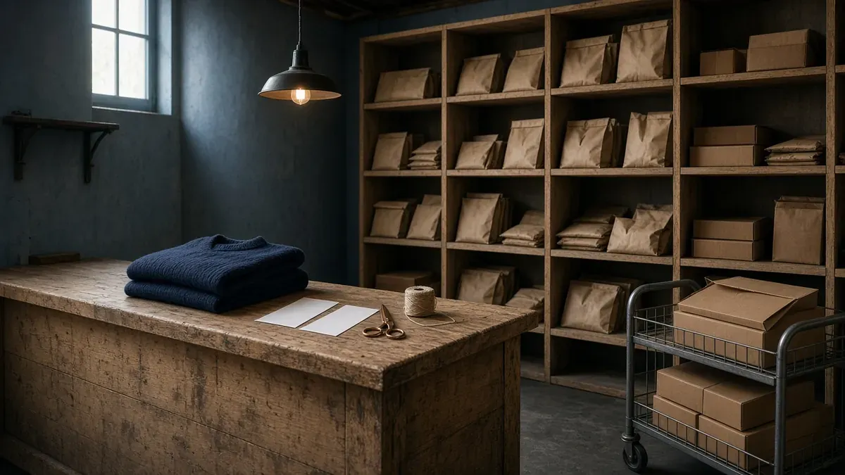 Retail pickup counter with a folded navy sweater beside a wall of kraft-bag cubbies and a cart of sealed shipping boxes