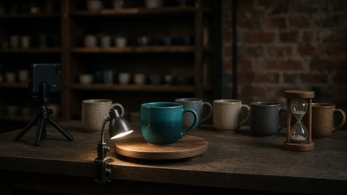 A teal glazed mug on a wooden turntable lit by a clip lamp at the front of a shop counter, with five neutral mugs waiting in shadow behind it, an hourglass mid-pour to the right, and a phone on a small tripod filming from the left
