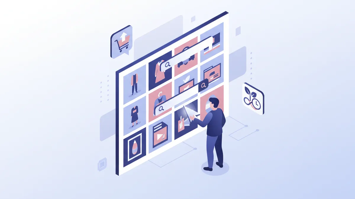 Isometric illustration of a user interacting with a Pinterest board displaying product images.