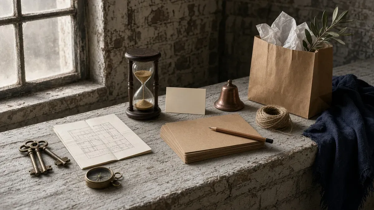Four still-life clusters on a plaster ledge: brass keys and a blank floor plan, an hourglass and copper bell, kraft cards with a pencil, then an open pickup bag with olive