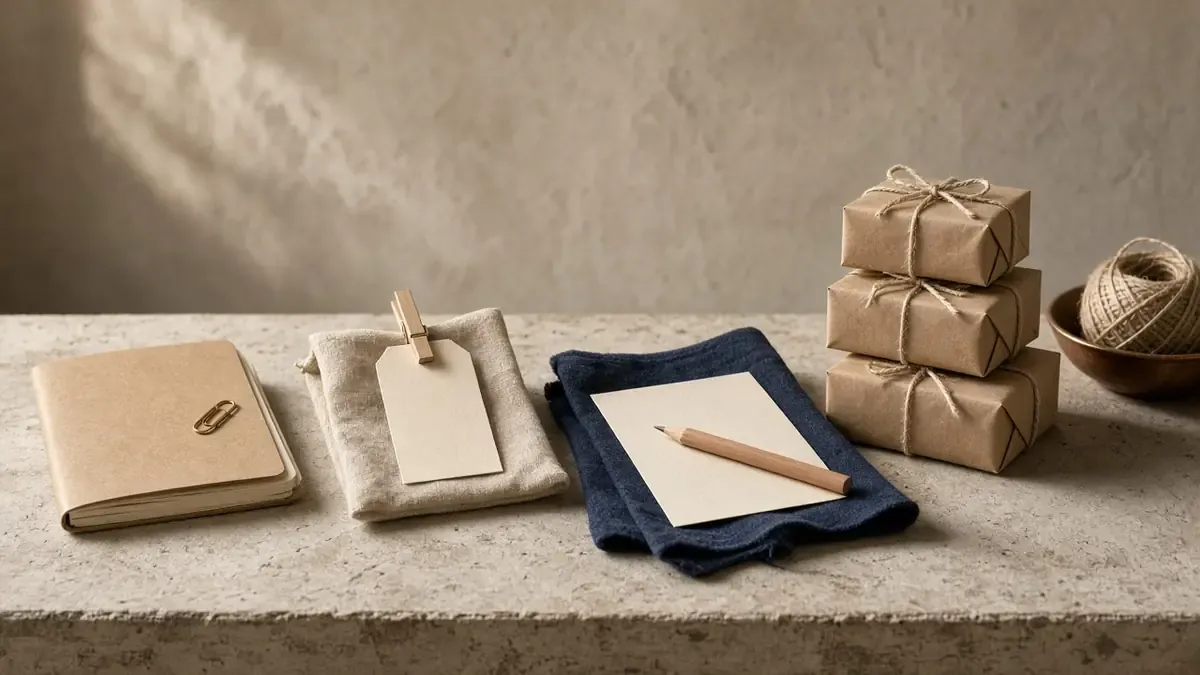 Four still-life clusters on a plaster bench: a blank notebook, a linen pouch with a cream tag, a card and pencil, then a stack of identical twine-tied parcels