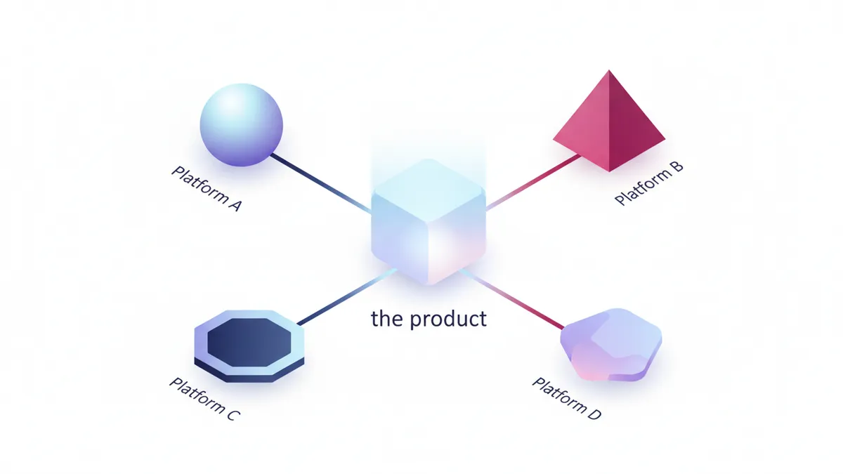 An isometric diagram showing one central product connecting to four uniquely shaped outputs, representing platform-adaptive content.