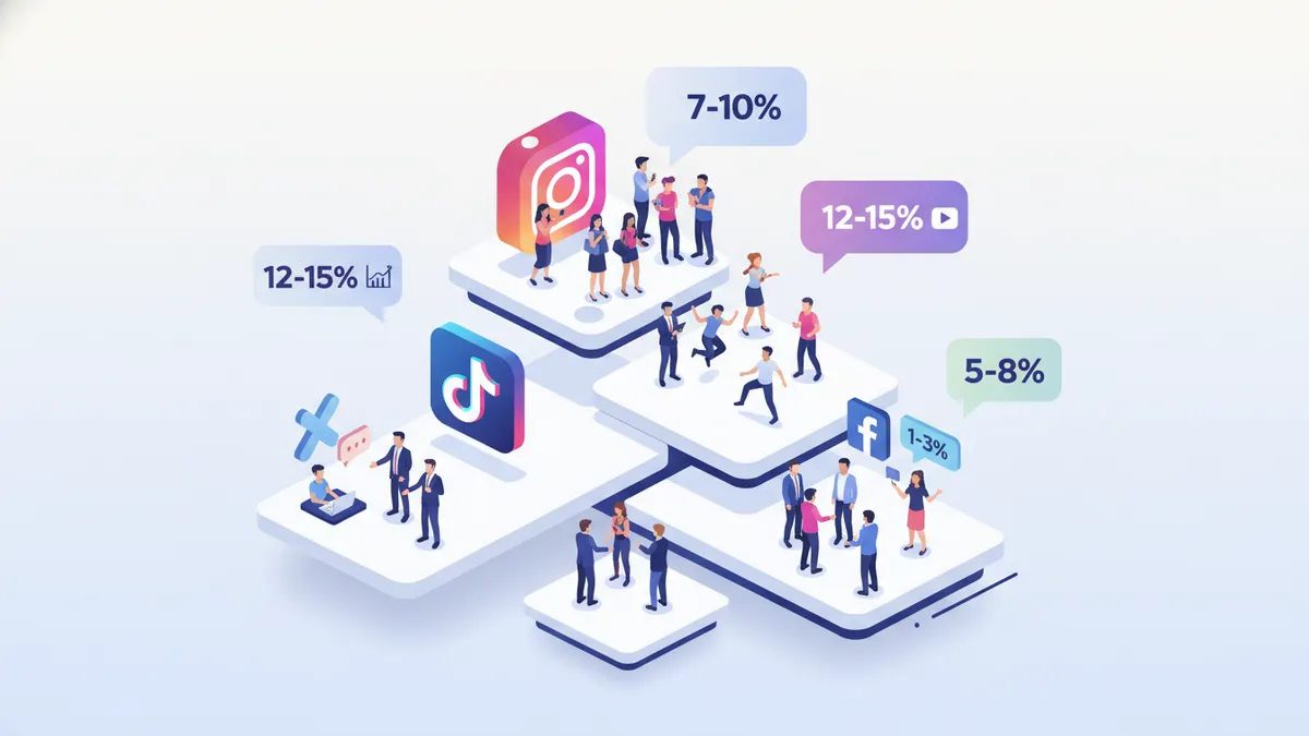 Isometric graphic summarizing social media platforms and engagement benchmarks.