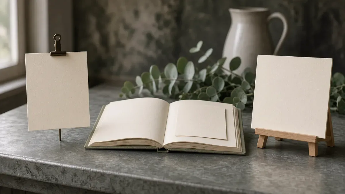 Three blank cream cards on a zinc counter: one clipped on a stand, one bound into an open notebook, and one standing on a small wooden easel