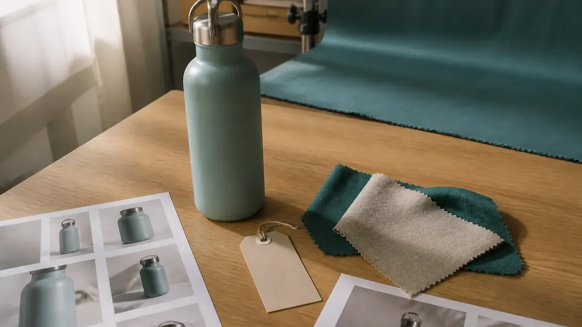 Ceramic bottle, fabric swatches, blank hang tag, and product photo contact sheets staged for ad-ready creative
