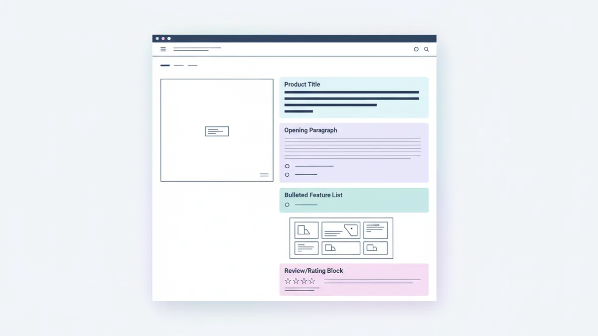 Wireframe diagram of an e-commerce product page highlighting the title, description, features, lifestyle context, and social proof sections.
